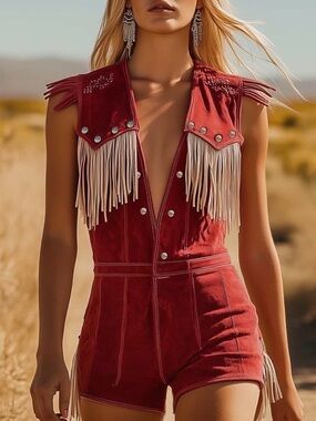 Oyrosy Western Cowboy Style Red Suede Silver Button Beige Tassel Jumpsuit NWT